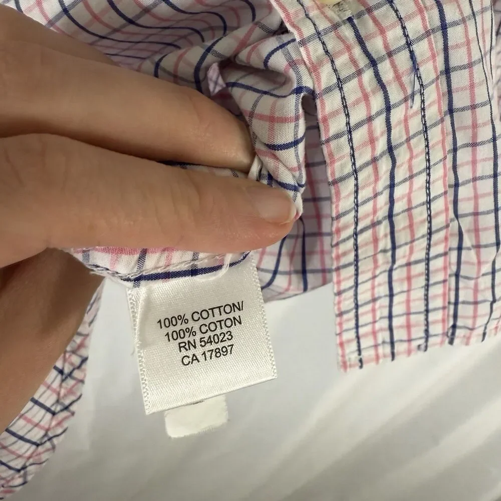 Banana Republic Dress Shirt Men's Medium 15.5 White Pink Plaid Button Up Long Sl